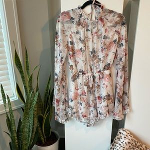 Romper • bell sleeve • open back • high neck